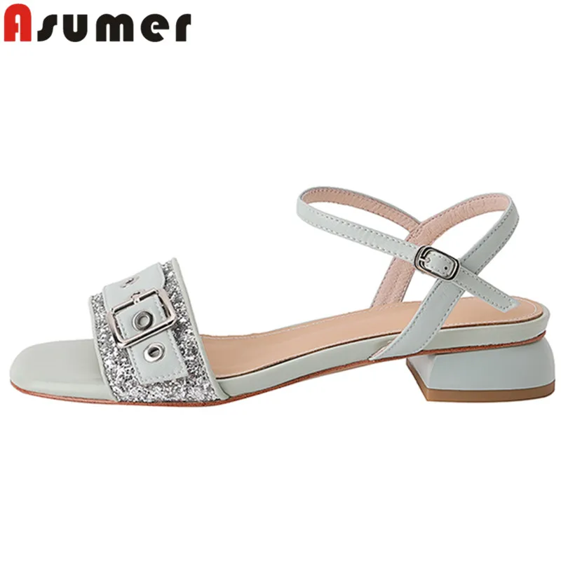 

ASUMER 2022 New Unique Genuine Leather Women Sandals Square Low Heels Sandals Buckle Ladies Summer Dress Shoes