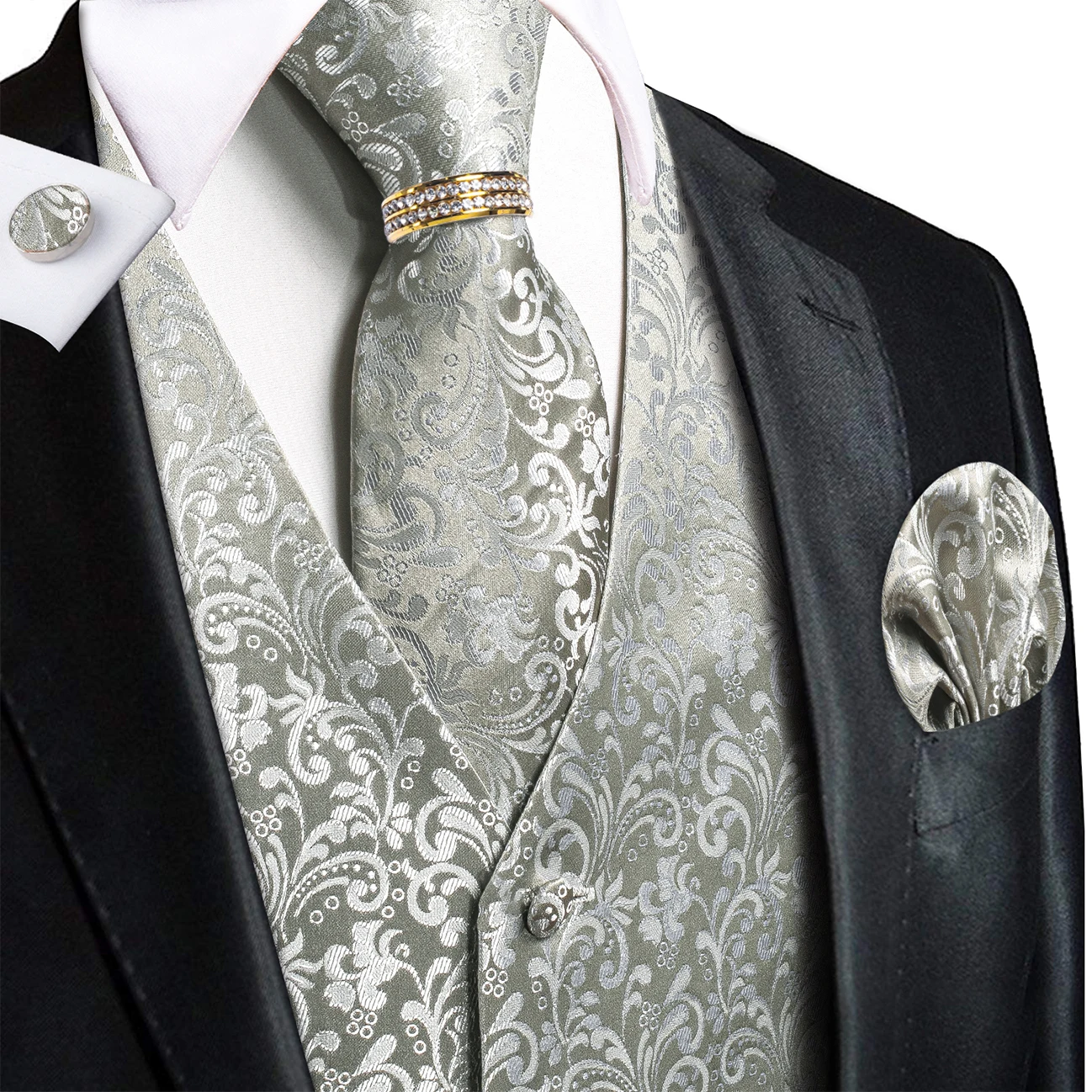 Silver Grey Scroll Paisley V-Neck Vest Accessory Set Tie Pocket Square Cufflinks Ring For Prom Guest Event