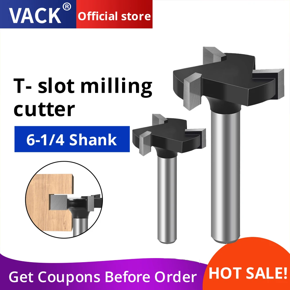 VACK 1/4" 6mm Shank T-Slot Milling Cutter 3Flutes Router Bit Set T Slotting Hole Bits Groove Wood Woodworking Milling Tools