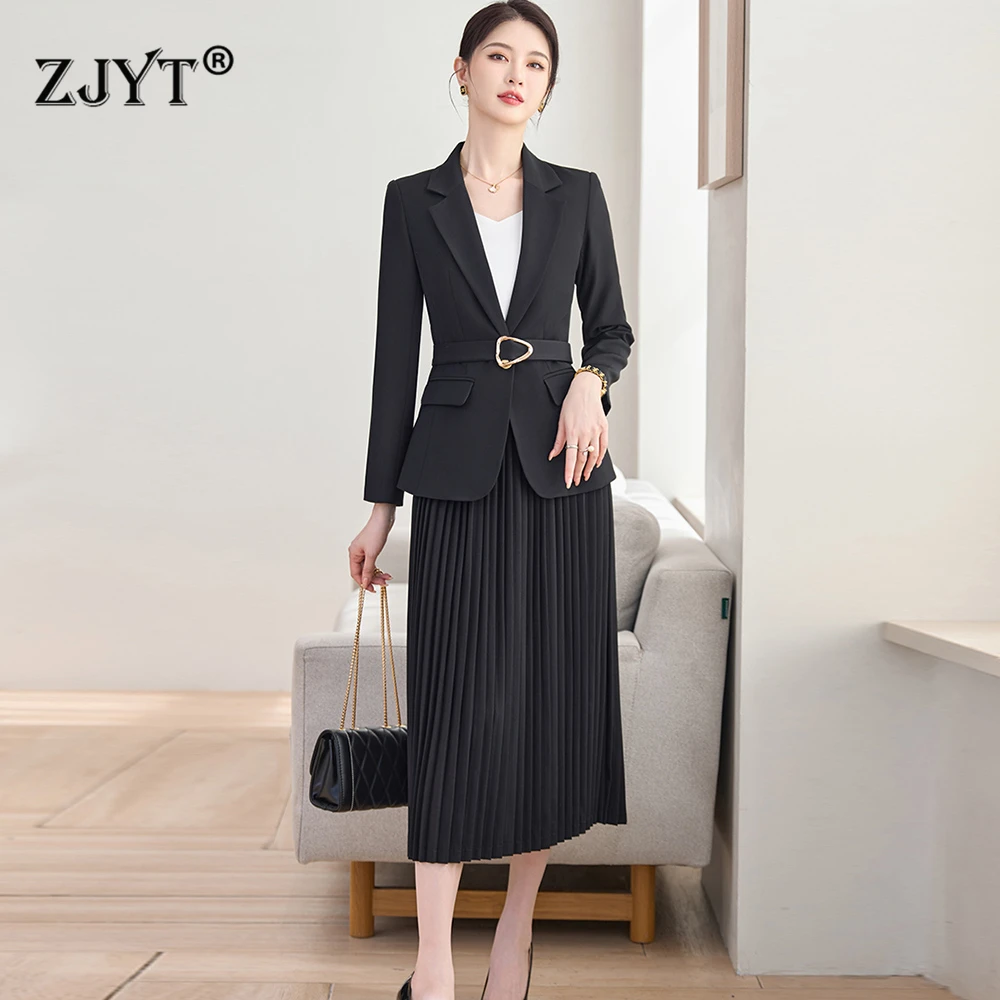 

ZJYT Spring 2026 Women Blazer Skirt Suit 2 Pieces Matching Sets Korean Fashion Office Lady Outfit Business Commuter Work Wear