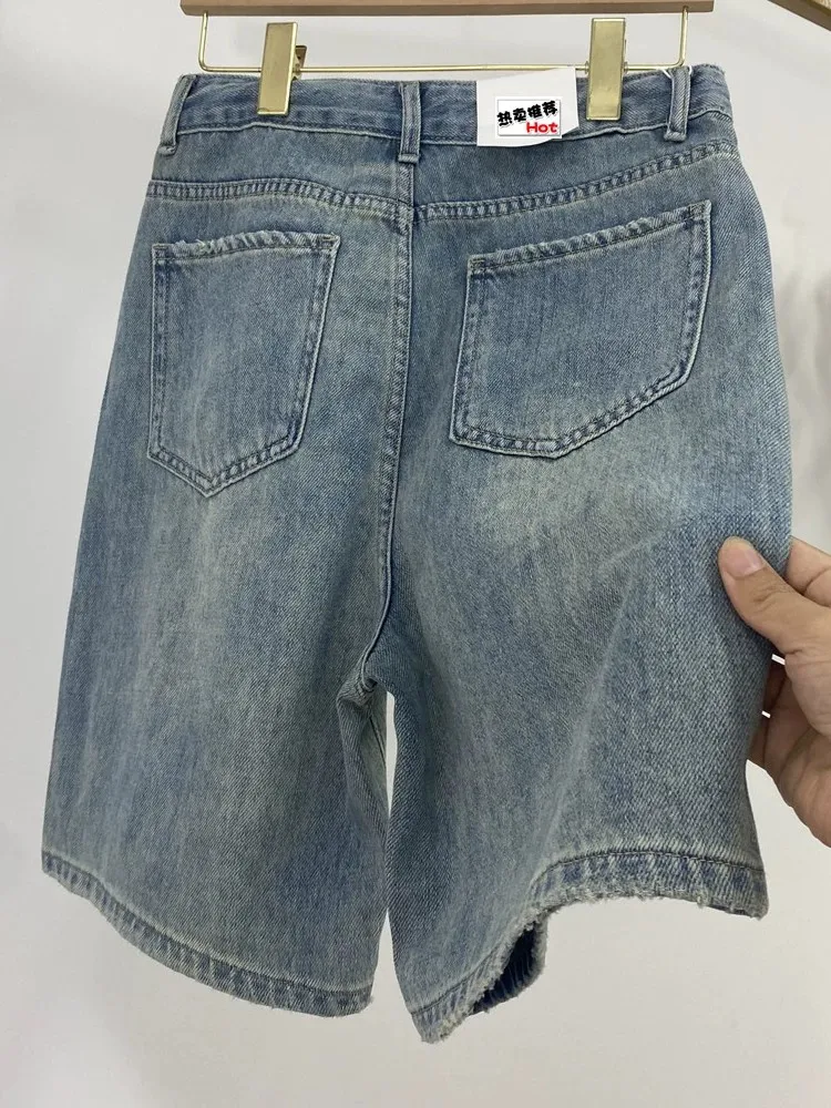 High Waist A-Line Short Shorts Women's Denim Jeans Five-Point Hole Summer New Korean Style Loose Wide Leg Medium Pants