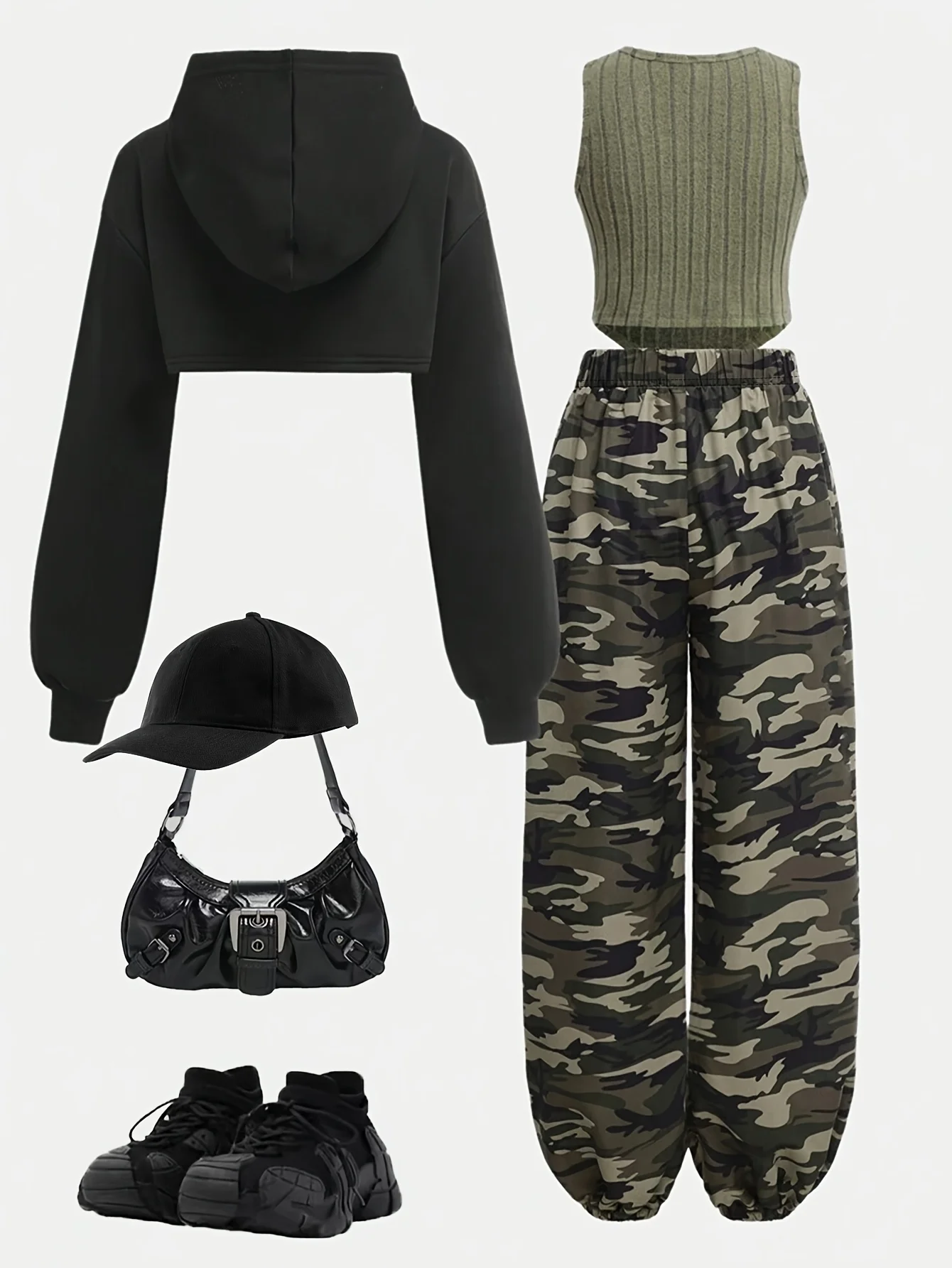 ملابس أطفال بناتي سويت شيرت قصير بقلنسوة وسترة مضلعة من الصوف وسراويل رياضية مموهة مكونة من ثلاث قطع للفتيات، ملابس فتاة رائعة باللون الأخضر العسكري #2