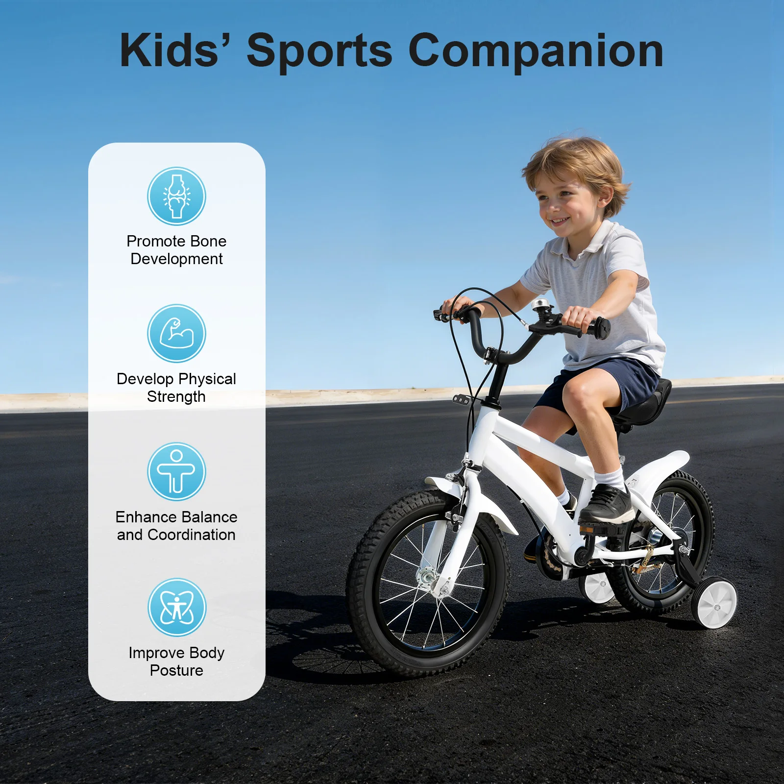 Bicicleta infantil de 14 pulgadas con ruedas de entrenamiento, asiento y manillar ajustables, manillar antideslizante, freno de mano y campana para principiantes.