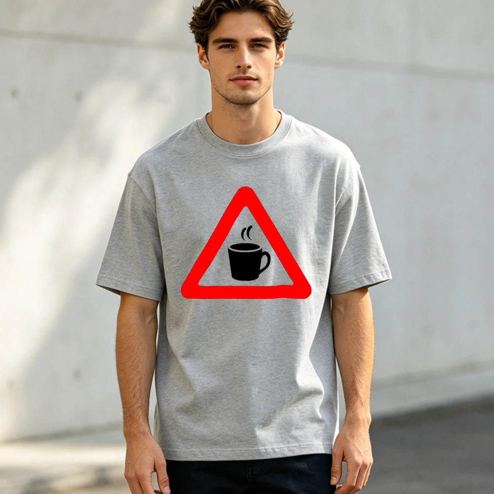 Warning Hot Coffee Sign Summer Men Cotton T-Shirts Funny Caution Coffee Cup Print Minimalist Coffee Meme Holiday Apparel