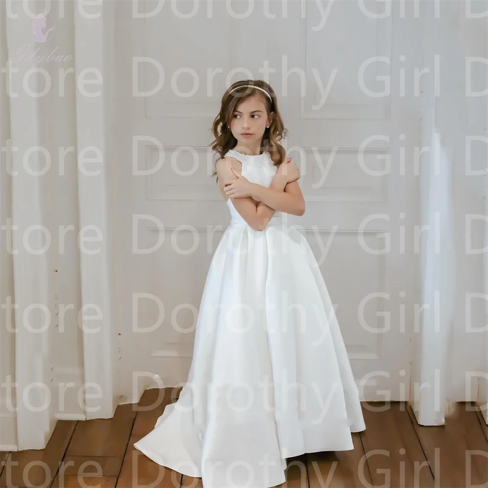 

Customized White A Line Pearl Halter Elegance Young Girls Dresses Wedding Party Princess Wedding Birthdays Dress