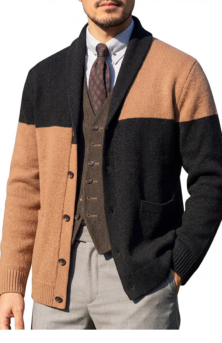 Men Color Block Knit Cardigan Shawl Collar Button Up Loose Fit Casual Sweater Coat Daily Outerwear