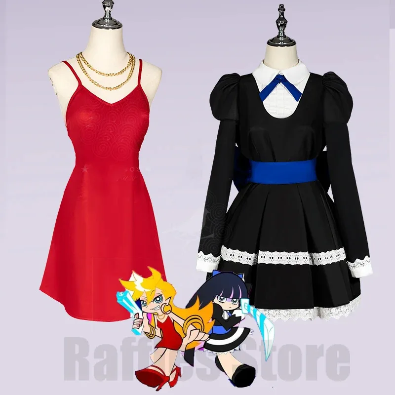Anime Panty Stocking Cosplay Costume Panty Stocking Anarchy Maid Lolita Red Dress Belt Headwear Halloween Party Clothes For Girl