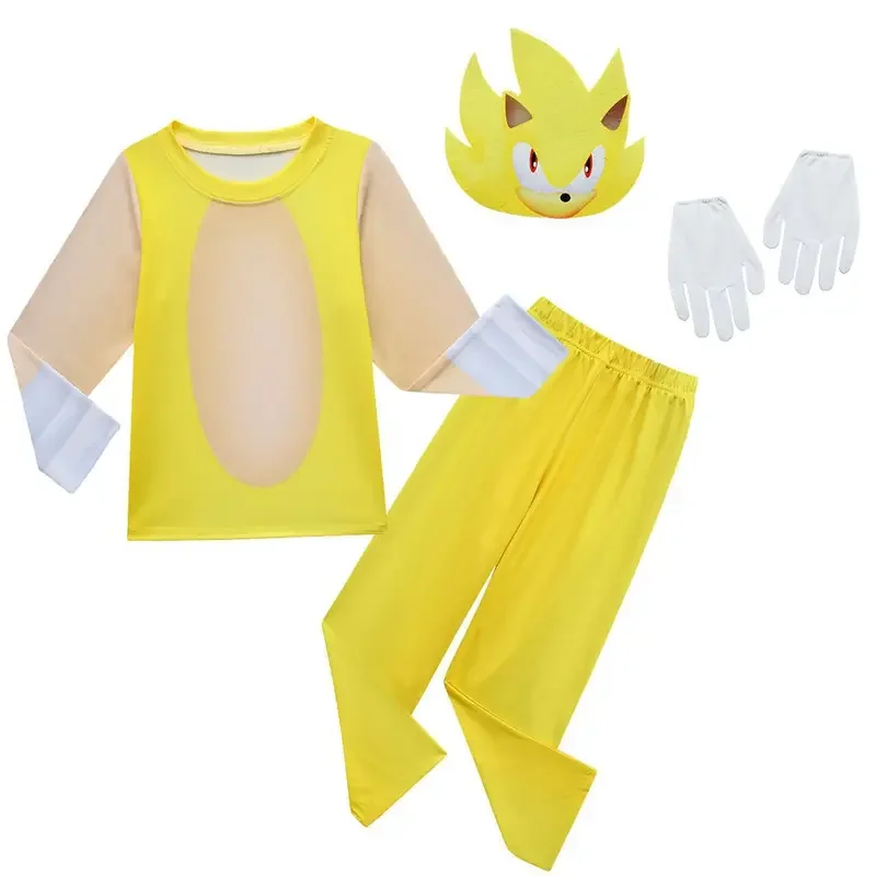 2025 New Kids Sonic Miles Anime Cartoon Long Sleeves T Shirt Long Pants Mask Set Outfit Boys Girls Christmas Halloween Cospla AA
