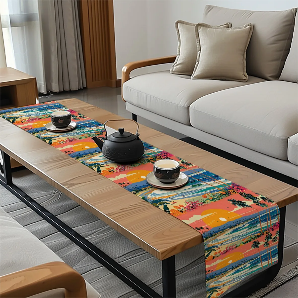 مفرش طاولة للزينة على طراز غروب الشمس على الشاطئ الاستوائي، قماش طويل مطبوع لتزيين الحفلات والمطبخ وديكور سطح الطاولة في المزرعة #2