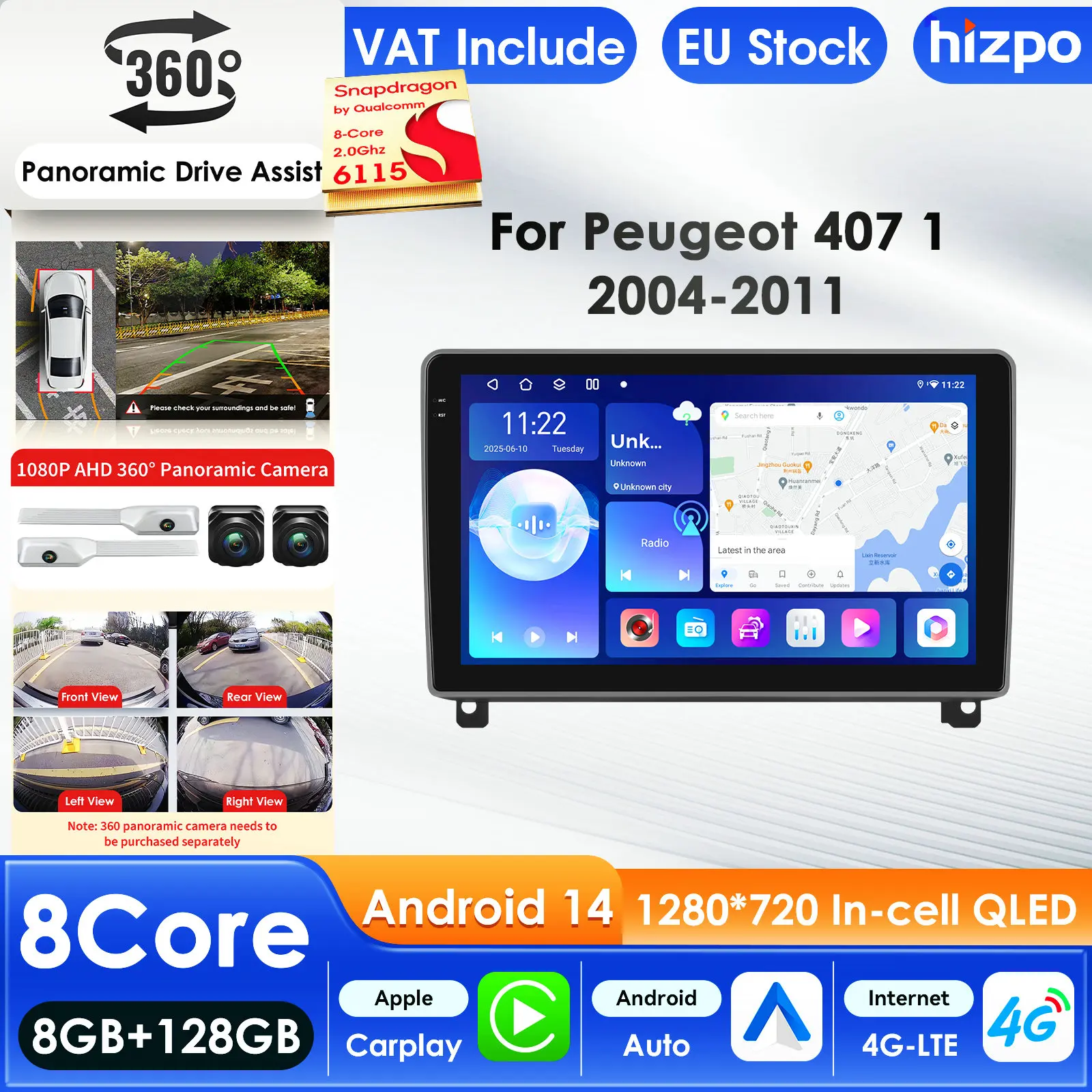 Hizpo 2Din Android 14 lecteur multimédia de voiture pour Peugeot 407 1 2004-2011 GPS Carplay 4G AI écran Intelligent Autoradio 360 caméra