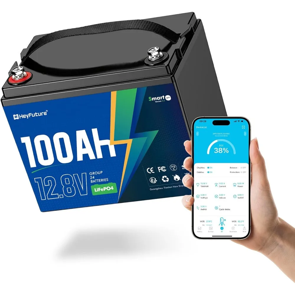 

12V100Ah Bluetooth LiFePO4 Battery, Deep Cycle Lithium Battery,15000 Charging Cycles, Lightweight Compact