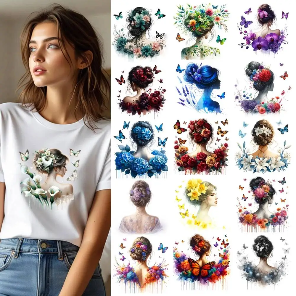 Cute Silhouette Butterfly Girl Princess Heat Transfer Patches For Clothes DIY A-Level Washable T-shirts Iron-on Thermal Stickers
