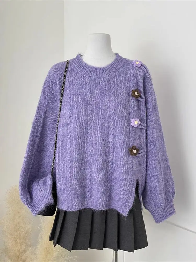 

Женский вязаный свитер Long Sve round Ne с 3D цветочным дизайном и разрезом Ele Soft Sle для осенне-зимнего сезона