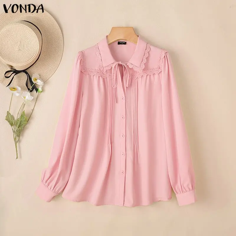 VONDA ファッション長袖シャツ女性レースパッチワーク包帯カジュアルブラウス春秋ラペルオフィスレディエレガントチュニックトップス