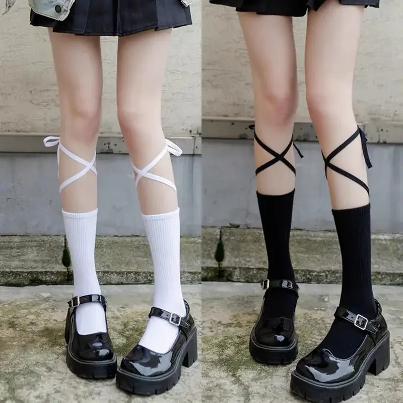 

Preppy Cross Strap Calf Socks JK Korean Fashion Casual Mid-tube Socks Girls Summer Cotton Socks Black White