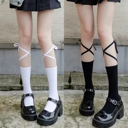 Preppy Cross Strap Calf Socks JK Korean Fashion Casual Mid-tube Socks Girls Summer Cotton Socks Black White