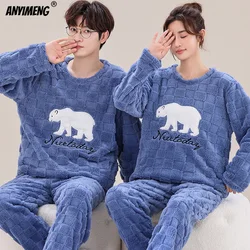 Winter Couple Flannel Pajamas Set Long Sleeves Thick Bear Print Sleepwear Man and Woman Kawaii O-neck Velvet Pjs for Lovers