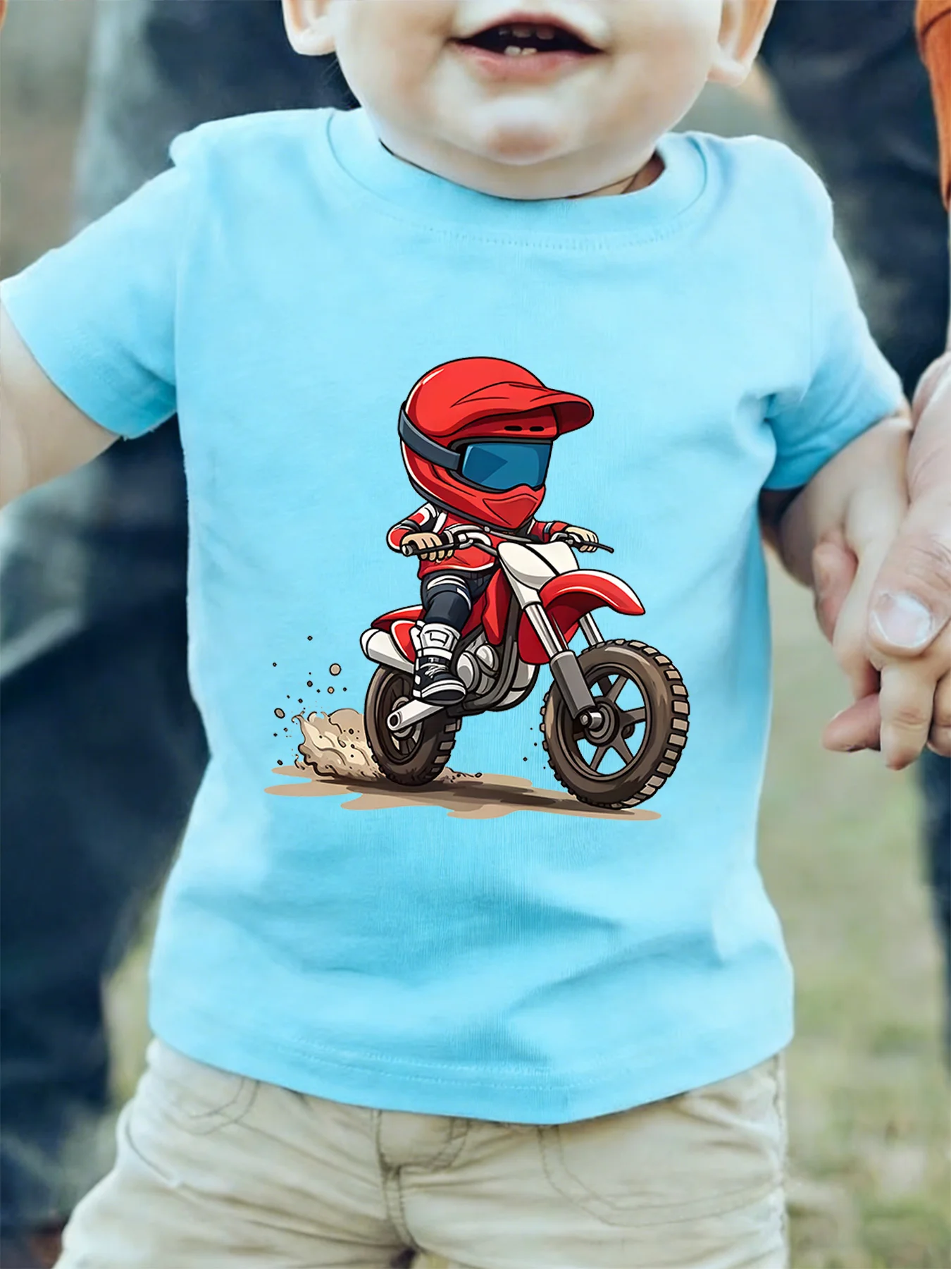 Cool Helmeted Motorbike Racer Mud Racing Cartoon Art Print Kids T Shirt Boys Girls Family Matching Summer Crew Neck Casual Tee