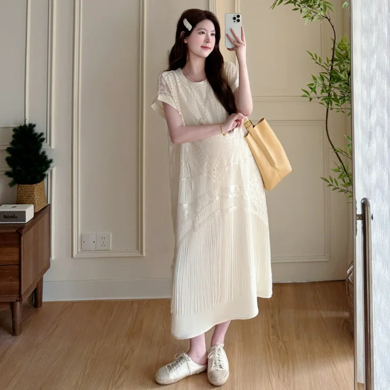 Maternity Dress Summer 2026 Fashion Hollow Out Tassel Short Sleeve Round Neck Loose Maxi Dress For Pregnant Women