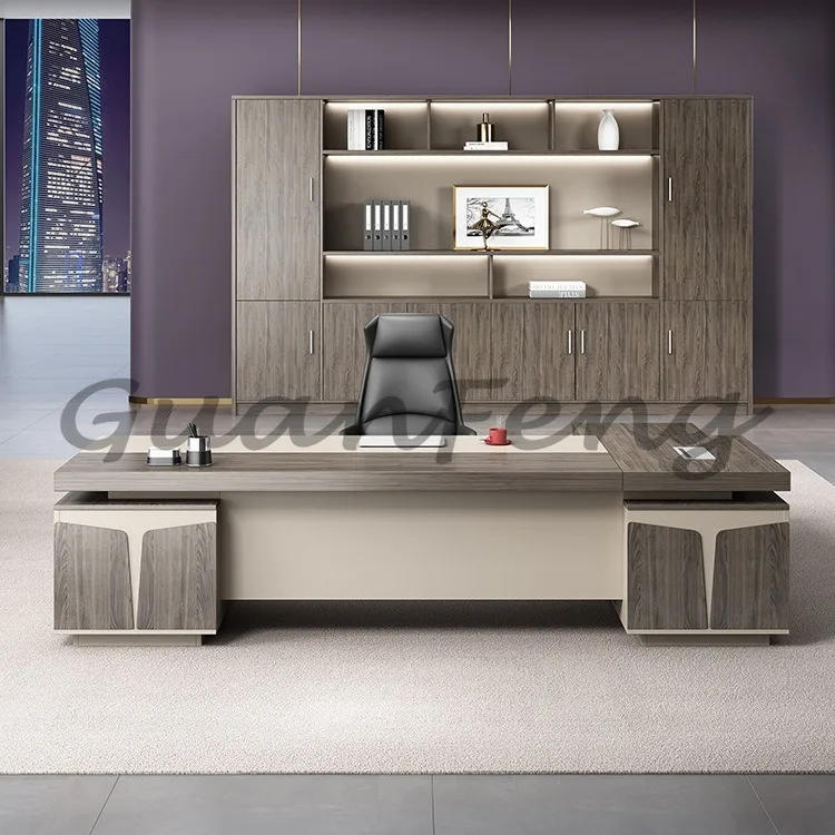 Modern L-Shaped Gray  Executive Desk File Drawer Office Desk with Storage Cabinet Business Home Office Furniture