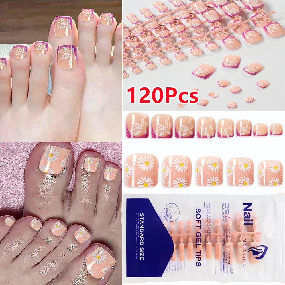 

120 шт., накладные ногти на ногах с французскими розовыми/белыми цветами, короткие квадратные накладные ногти с полным покрытием, 0,5-1,6 см, элегантные типсы для ногтей с цветочным принтом **