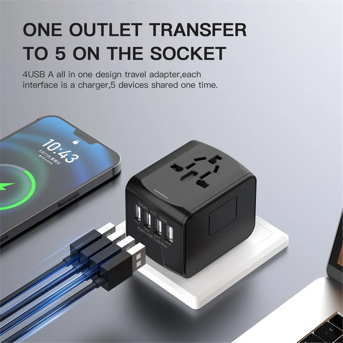 HDL Travel Adapter with 4 USB Ports, International Plug Adapter 2000W 3.4A Power Charger 100‑250V Outlet All‑in‑One