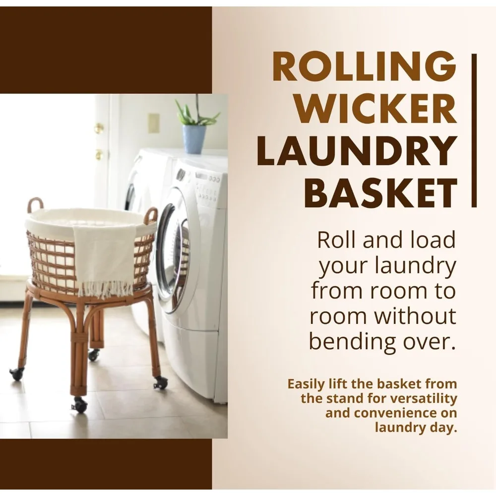 Rolling Wicker Laundry Basket, Handwoven Wicker Hamper with Removable Cotton Liner, Stand, & Locking Caster Wheels