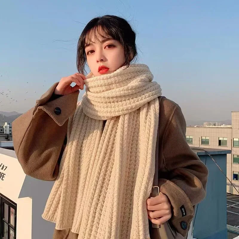 Women Winter Warm Scarf Korean Fashion Streetware Trend Knit Yarn Fluffy Scarf Teens Girls Students Solid Color Versatile Wraps