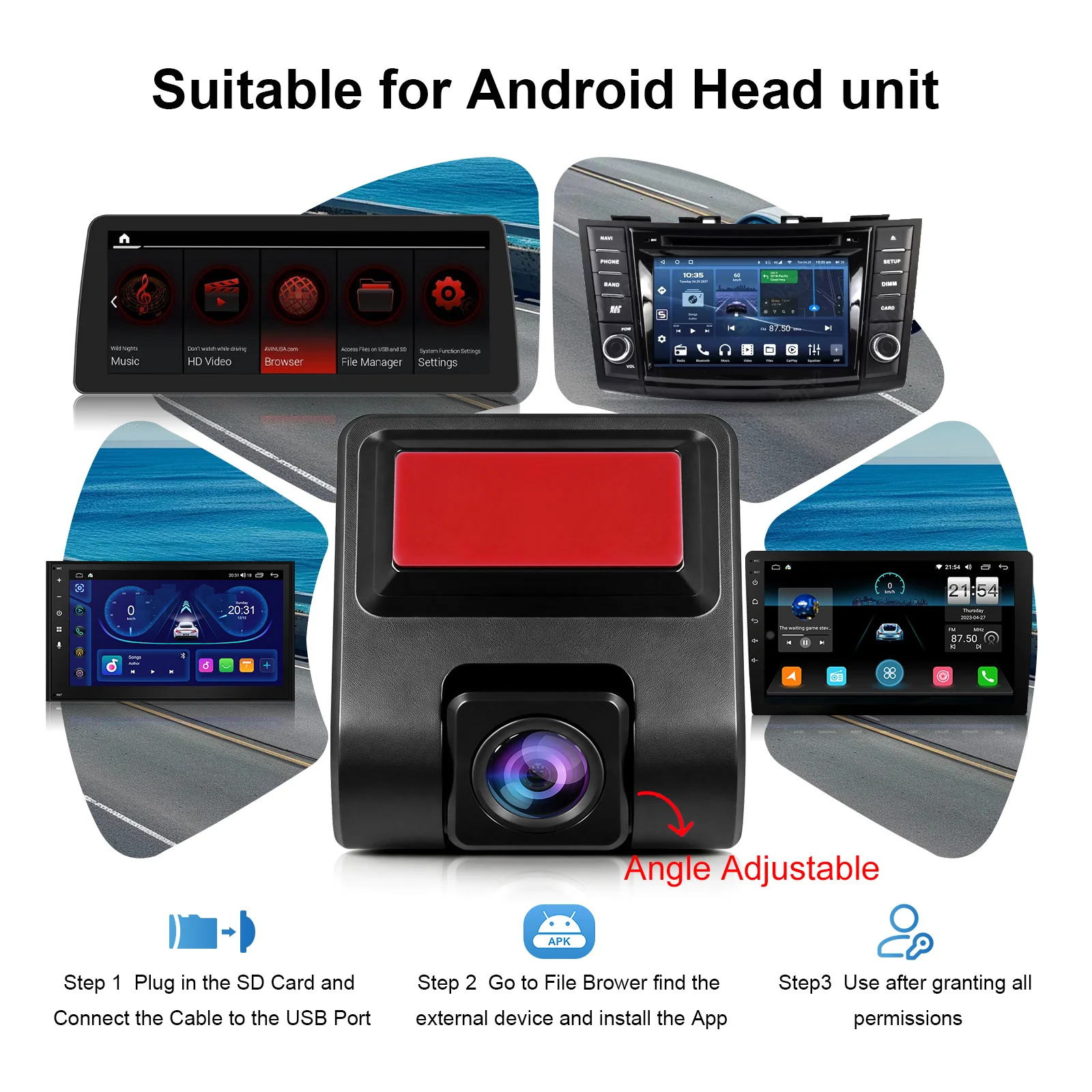 Ezonetronics 720P HD USB Front Dash Camera Universal Car DVR for Android System with ADAS Plug in the SD Card Easy Installation