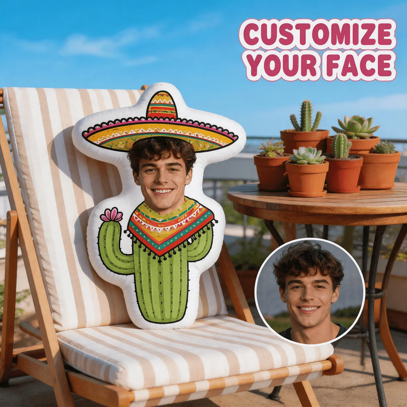 Custom Photo Cactus Shaped Pillow, Personalized Face with Sombrero & Poncho Decorative Cushion, 70cm Funny Home Decor Accent for