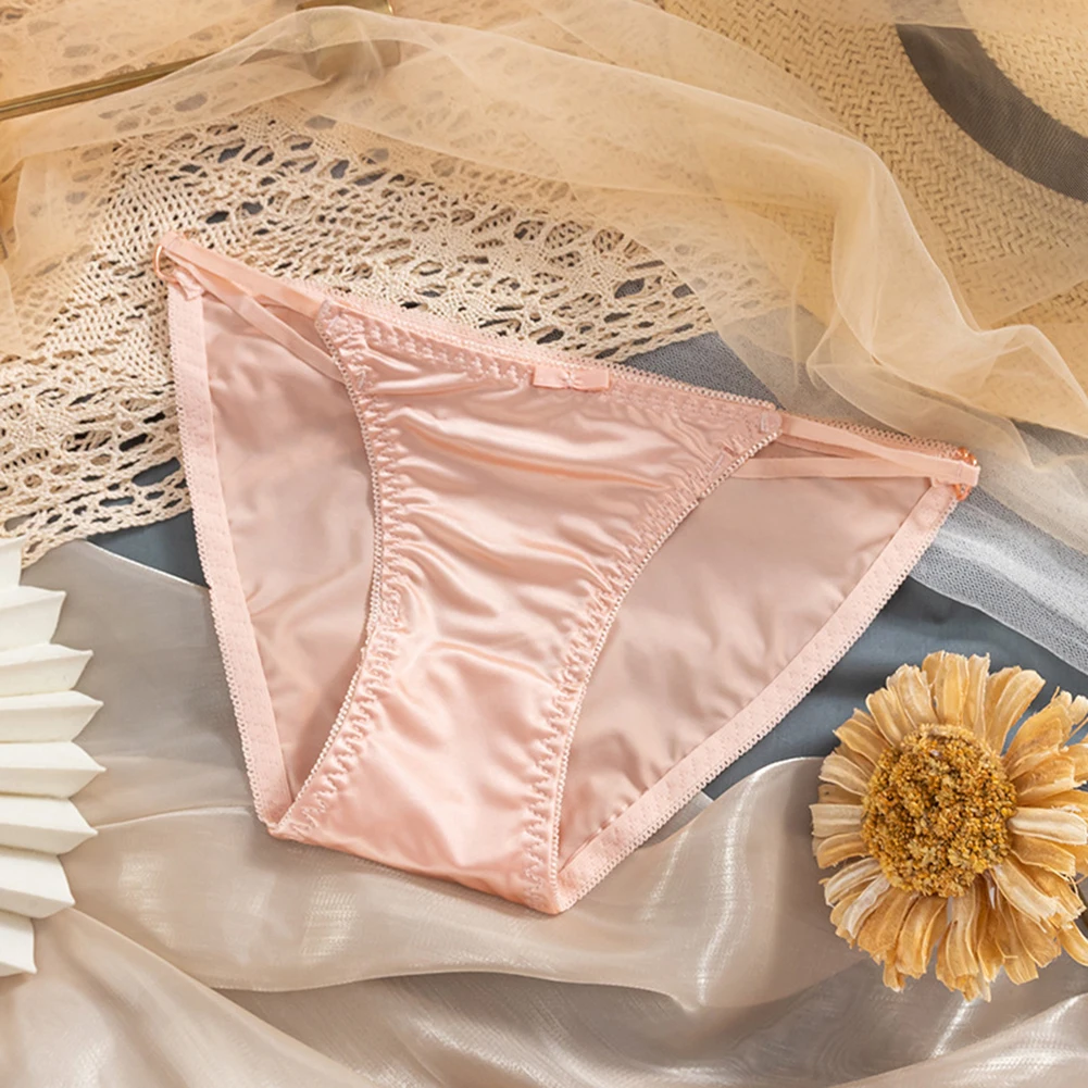 1pc Women's Seamless Satin Ice Silk Briefs Slim Straps Low Waist Underwear Solid Breathable Bow Decor Thin Ribbon Pantie