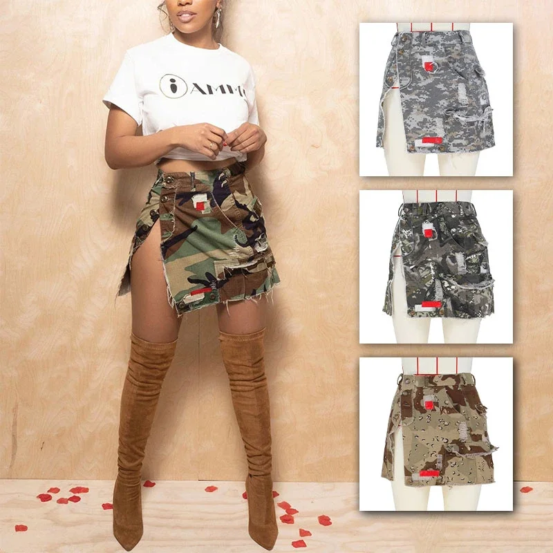 

Women Patches Camouflage A-line Mini Skirts Fashion Button Fly High Side Split Pockets Camo Cargo Skirt Casual Streetwear