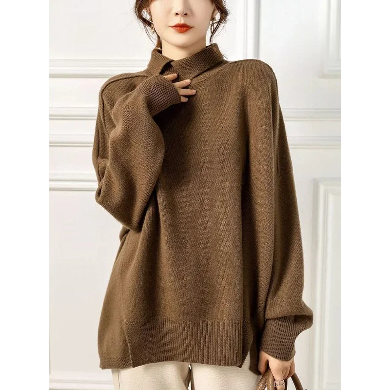 

High Neck Slit Sweater Women Loose Knitted Top