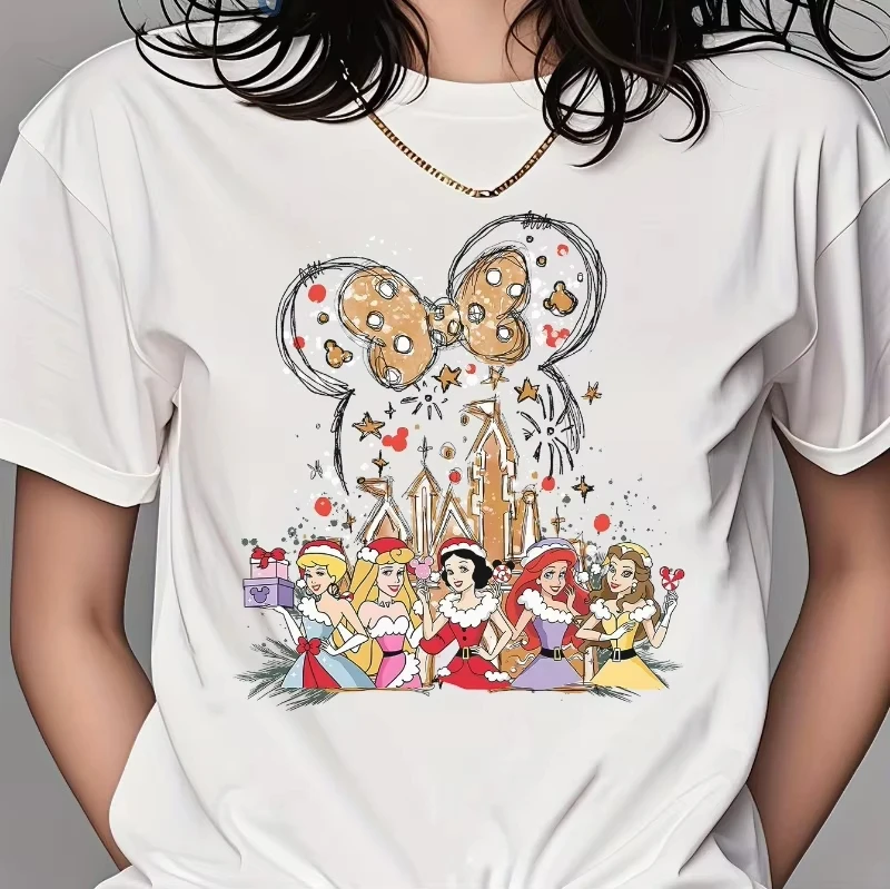 

2025 модная новая футболка принцессы с узором для рождественской вечеринки для мужчин и женщин, повседневная футболка с короткими рукавами и круглым вырезом