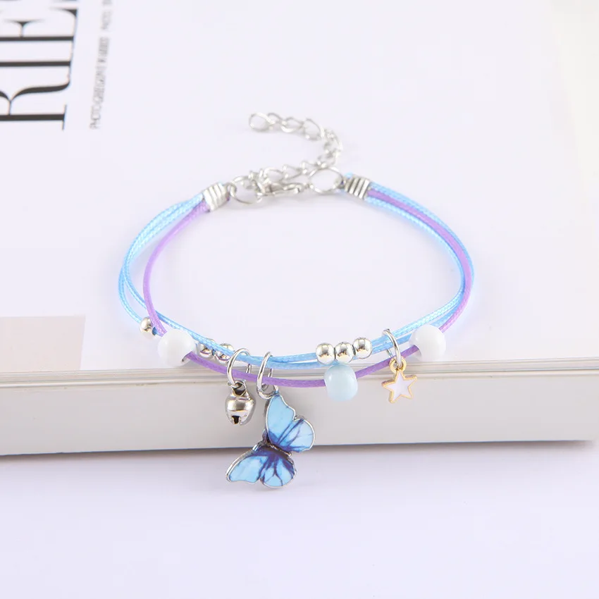 Trendy Moon Star Romantic Bracelet for Women Cute Butterfly Pendant Handmade Braid Adjustable Chain Girls Jewelry Birthday Gift