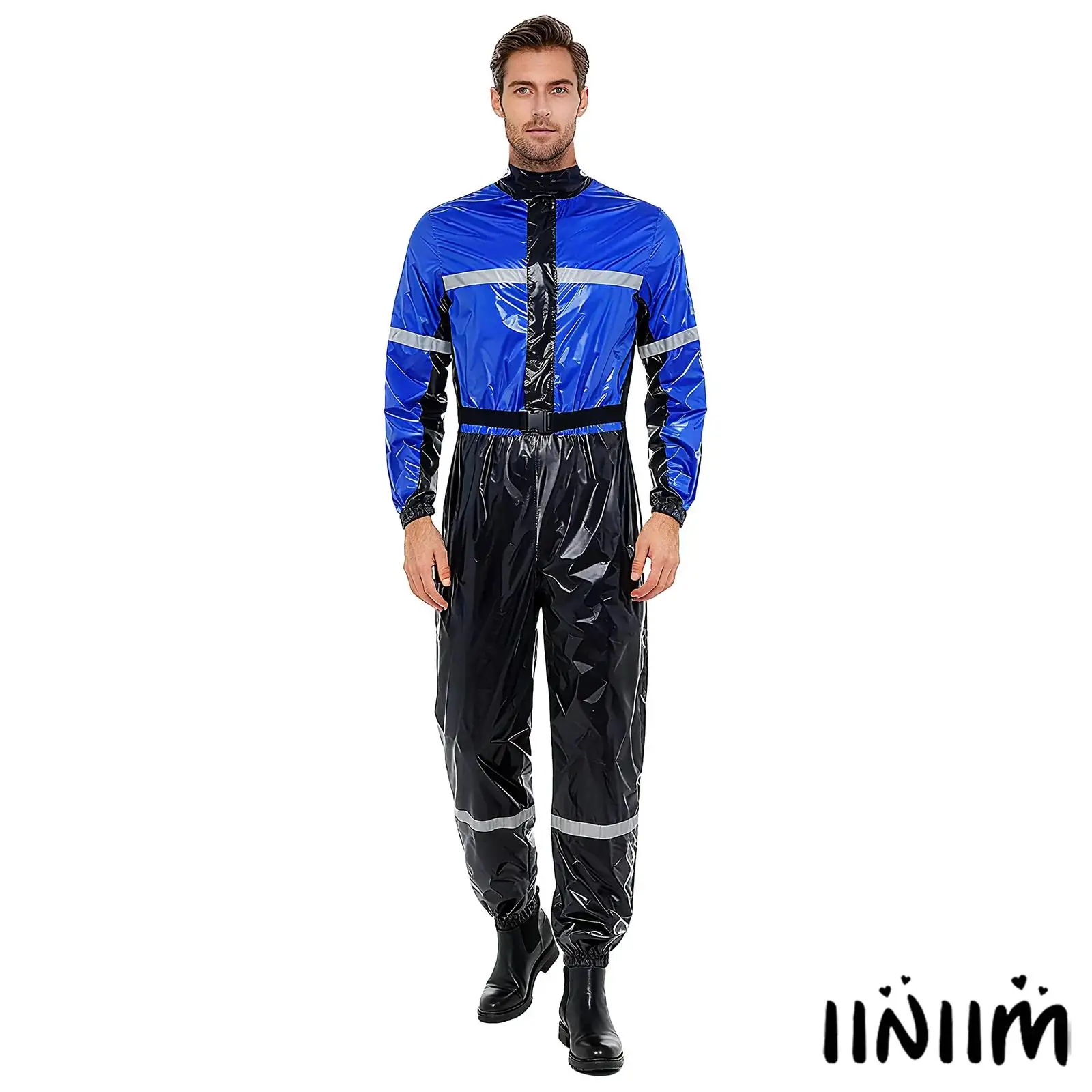 Men‘s Reflective Strips Water Resistant Coveralls Color Block Bodysuit Workwear Stand Collar Long Sleeves Front Zipper Jumpsuit