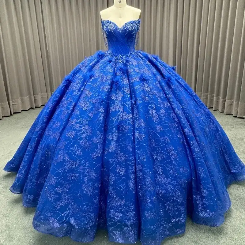 Customized Royal Blue Shiny Quinceanera Dresses Ball Gown Off Shoulder Sequin Appliques Flower Beads Tull Sweet 16 Dress Vestido