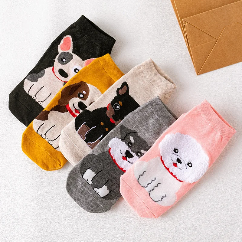 5 Pairs Women Cartoon Cotton Short Cat Dog Socks Lady Girls Spring Summer Breathable Japanese Students Sock Set For Women