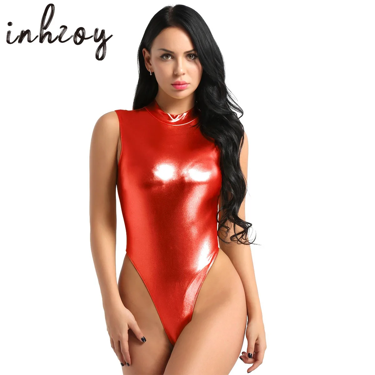 

Womens Shiny Metallic Bodysuit Monokini Swimsuit One-piece Mock Neck High Cut Thong Leotard Catsuit Jumpsuit Rave Party Clubwear