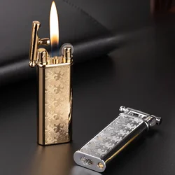 Metal Ultra Thin Relief Texture Open Fire Inflatable Lighter Classic Retro Grinding Wheel Ignite Portable Gas Lighters Smoking