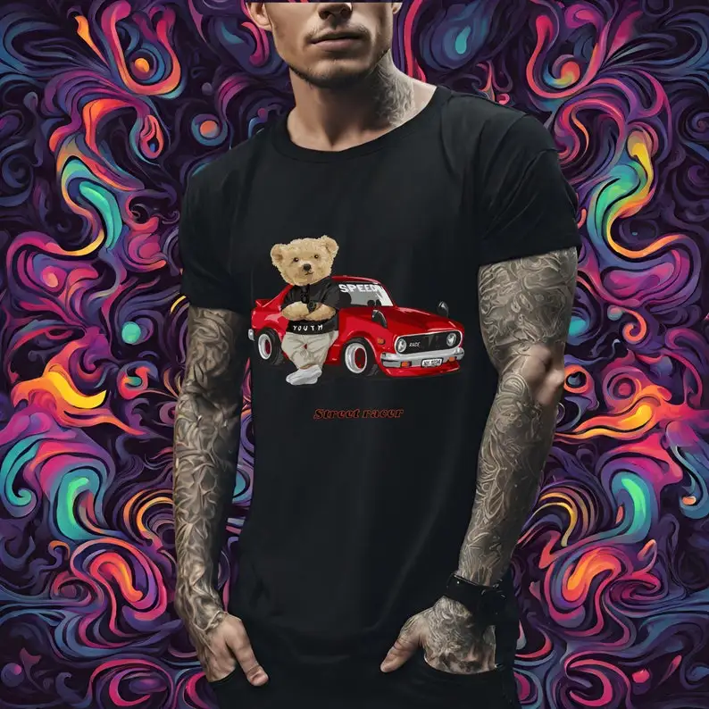 

Bear street racer, Teddy bear shirt, badass tshirt, trendy aesthetic clothing, rebel teddy shirt, gift for couple