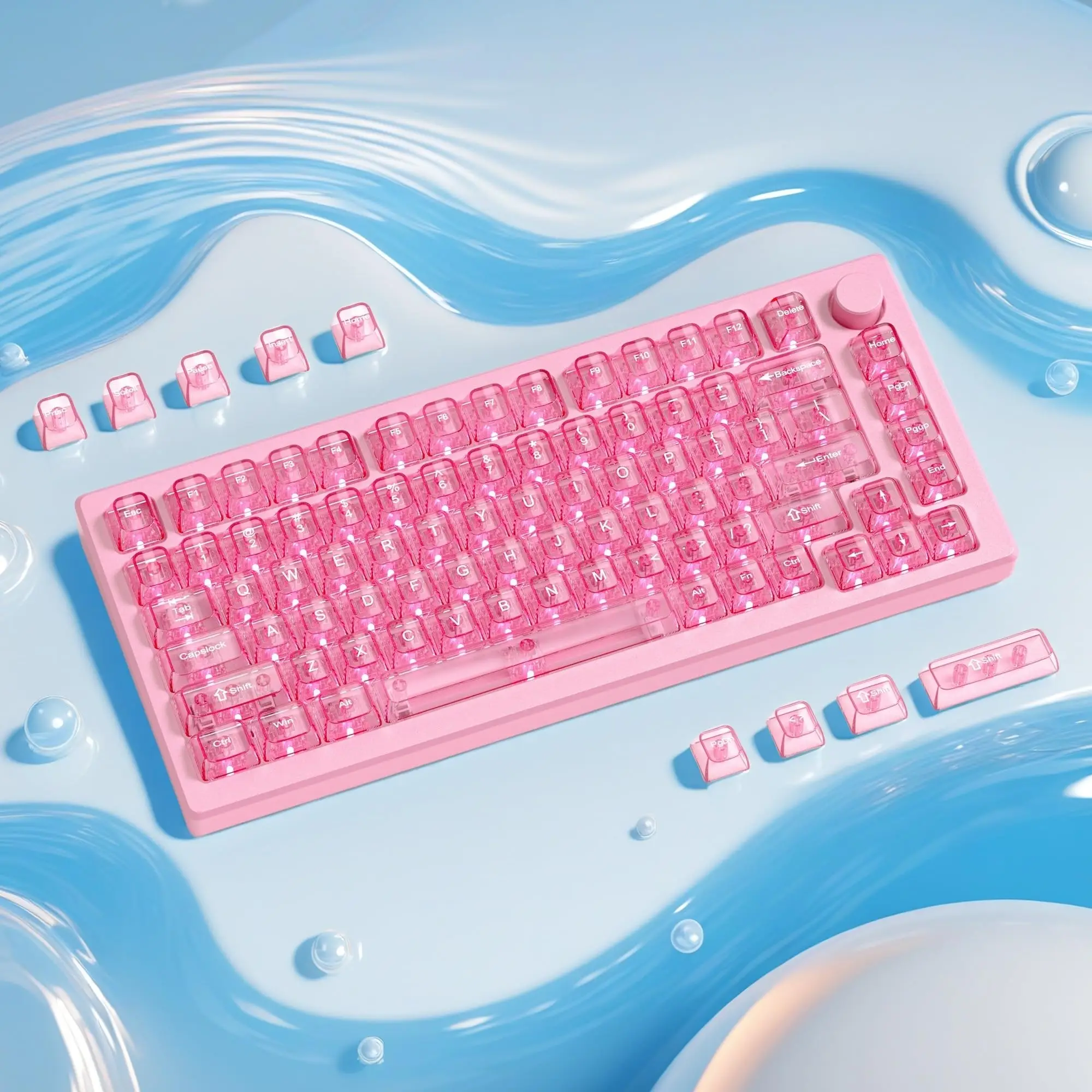 

Pink UV-print RGB Backlit Keycaps 115 Keys Crystal Clear Keycap Full Transparent PC Keycaps MDA Profile for MX Switches Keyboard