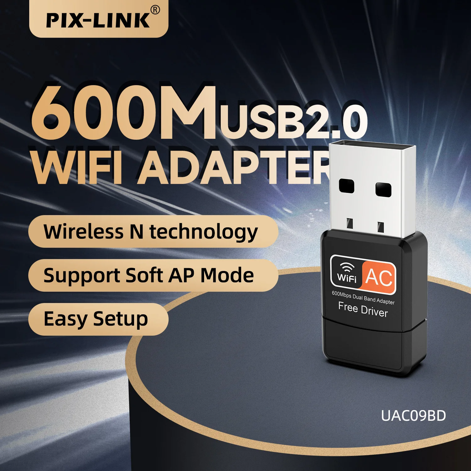 

PIX-LINK UAC09BD AC600 USB WiFi-адаптер 600 Мбит/с 5 ГГц/2,4 ГГц, беспроводной донгл, не требует драйверов, Plug & Play, режим Soft AP для Windows/Mac