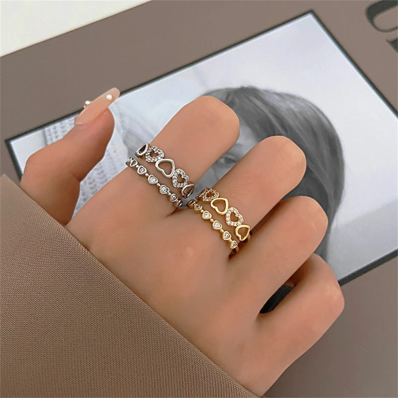 Double Layer Stacked Love Heart Open Ring Jewelry Women Korean New Fashion Niche Zircon Design Ring Birthday Gift