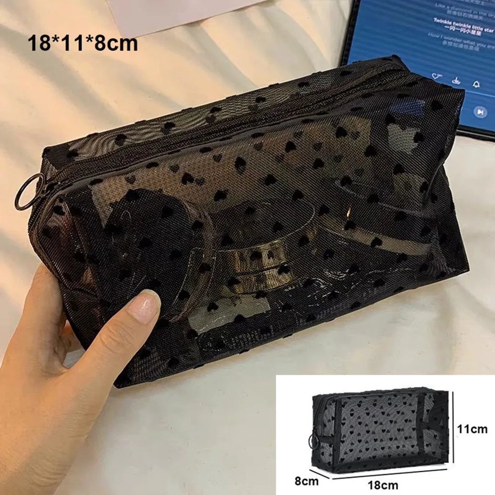 New Heart Transparent Mesh Makeup Bag Multifunction Portable Ladies Toiletry Storage Bag Black/Pink Lipstick Organizer Bags