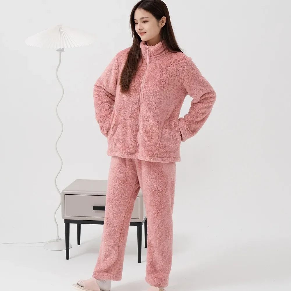 Conjunto de pijama con forro polar grueso para invierno, ropa de dormir de franela cálida con cremallera, ropa para el hogar, dos piezas, cómoda y suave de poliéster