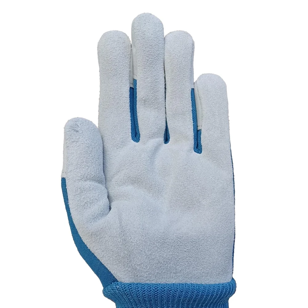 Ladies Durable Cowhide Leather Gloves with Canvas Back Knit Wrist Yard Garden Tasks Comfortable Protection