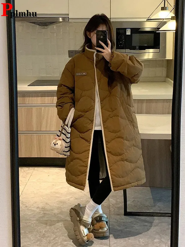 Korea Fashion Down Cotton Plaid Parkas Jacket Loose Mid-length Casual Thicken Chamarras Abrigos Winter Vintage Women Casacos