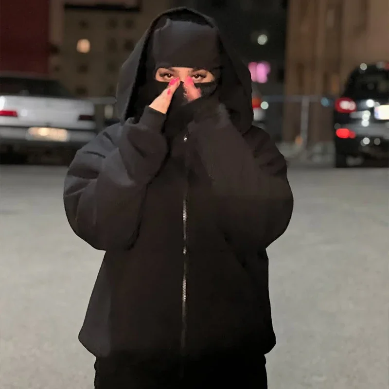 Kurtka płaszcz Harajuku z podwójnymi kapturem, styl Y2k, amerykańska zimowa luźna codzienna damska bluza z kapturem na zamek, vintage, z długim rękawem, punkowa bluza dresowa.