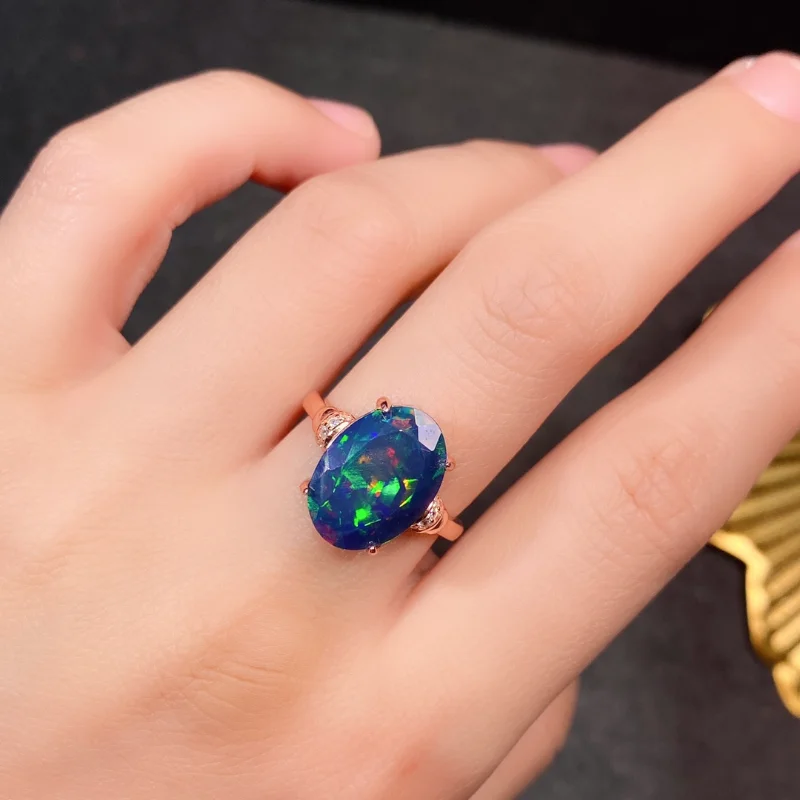 Fine Jewelry Ring for Party10x14mm Facet Natural Black Opal Luxury 925 Silver Opal Ring Gift for Woman